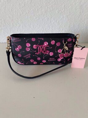 Juicy Couture Black Multi Cherry On Top Shoulder Bag W/Cherries Charm NEW